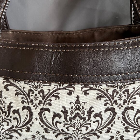 Elegant Brown & Cream Damask Print Handbag With Faux Leather Trim Thirty-One - Picture 2 of 5
